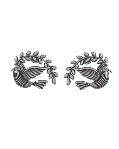 VOJ Silver Plated Bird Designed Oxidized Studs Earrings