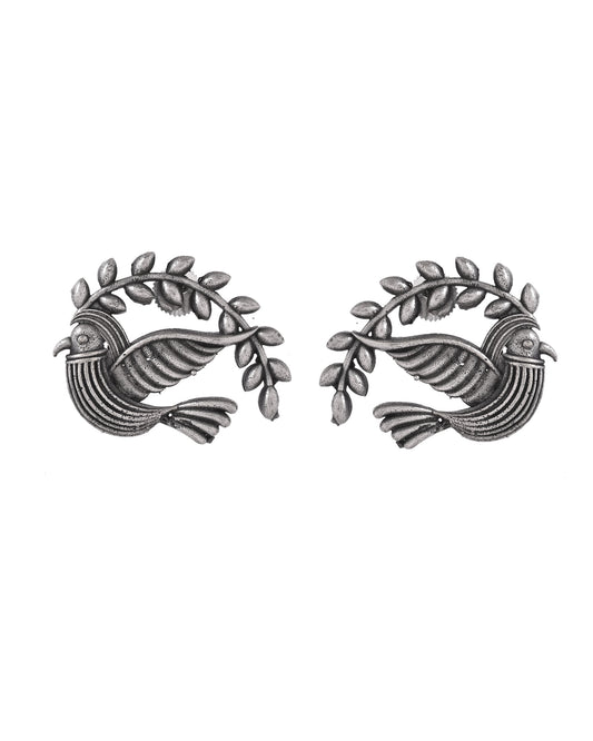 VOJ Silver Plated Bird Designed Oxidized Studs Earrings