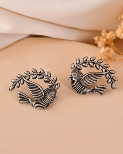 VOJ Silver Plated Bird Designed Oxidized Studs Earrings