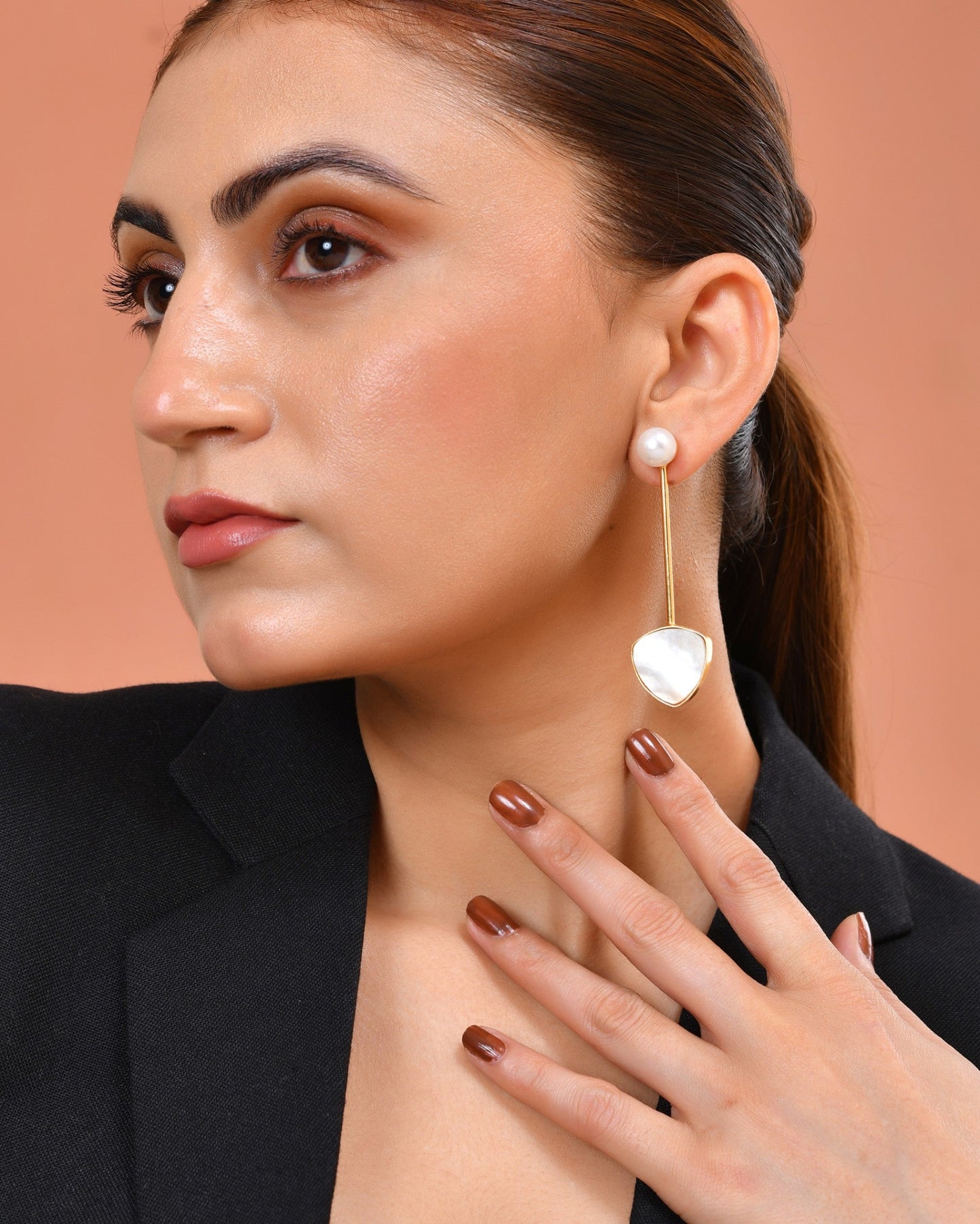 VOJ Gold Plated Stone With Pearl Long Studs Earrings