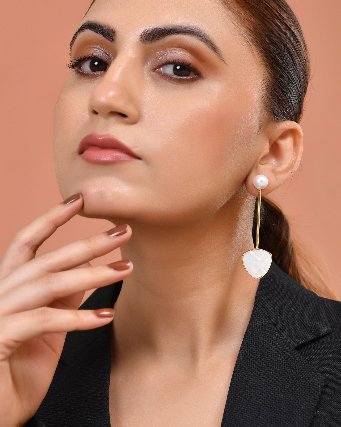 VOJ Gold Plated Stone With Pearl Long Studs Earrings