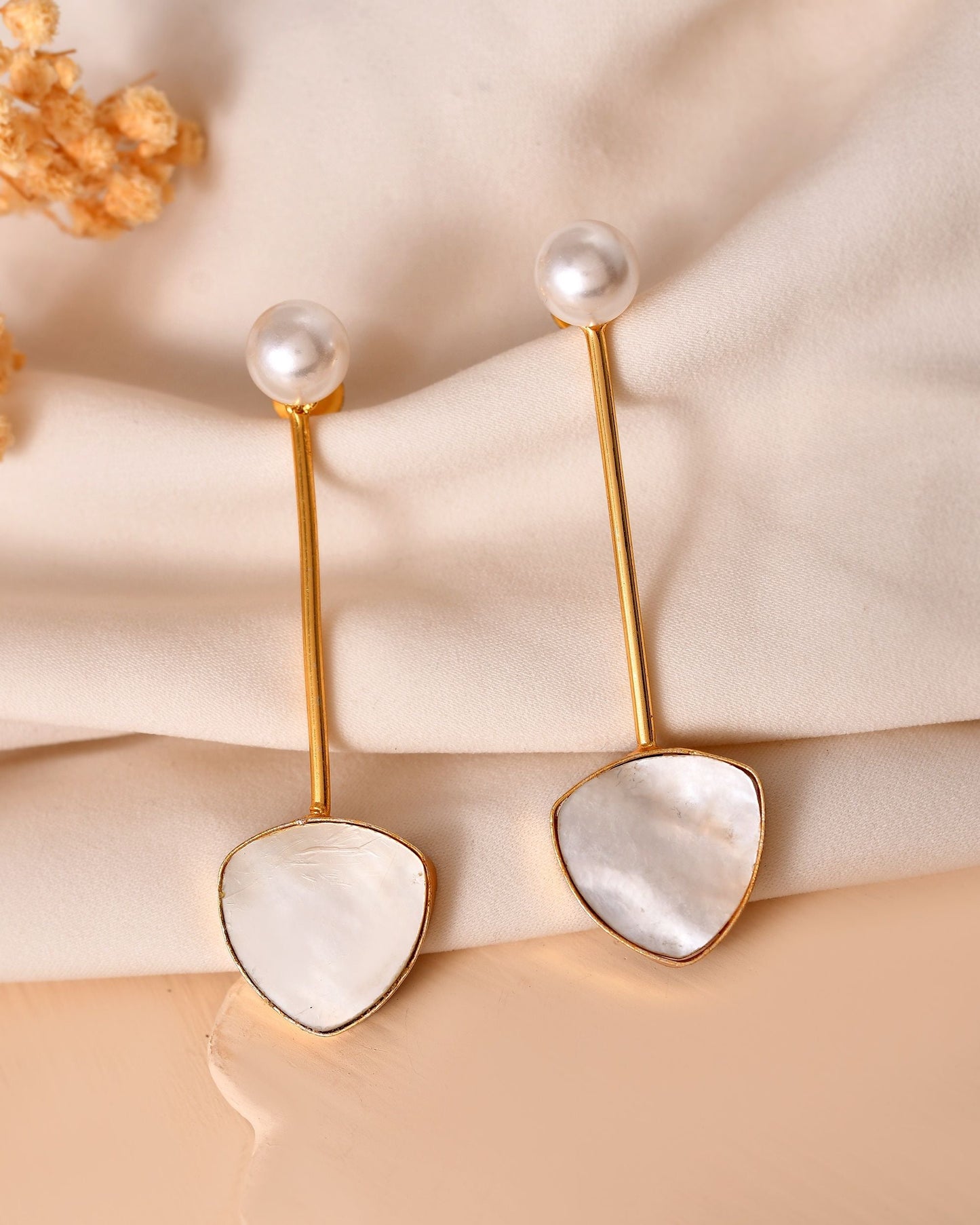 VOJ Gold Plated Stone With Pearl Long Studs Earrings