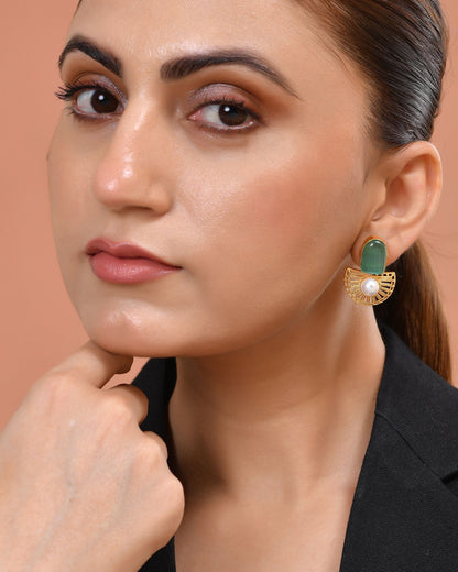 VOJ Gold Plated Teal Green Stone And Pearl Dome Shaped Studs Earrings