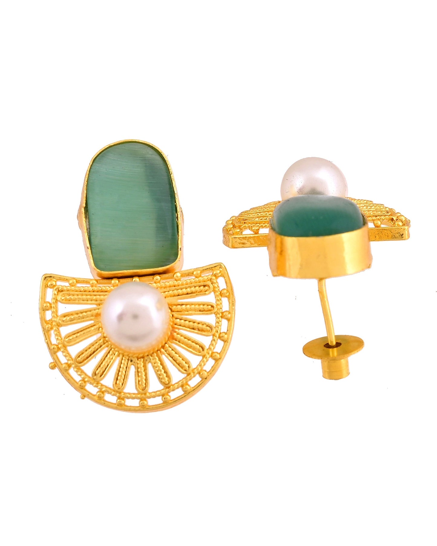 VOJ Gold Plated Teal Green Stone And Pearl Dome Shaped Studs Earrings