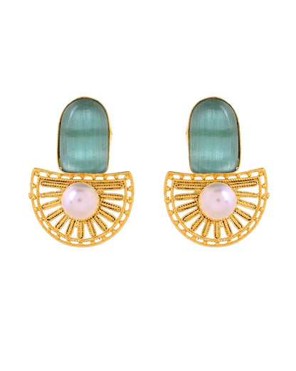 VOJ Gold Plated Teal Green Stone And Pearl Dome Shaped Studs Earrings