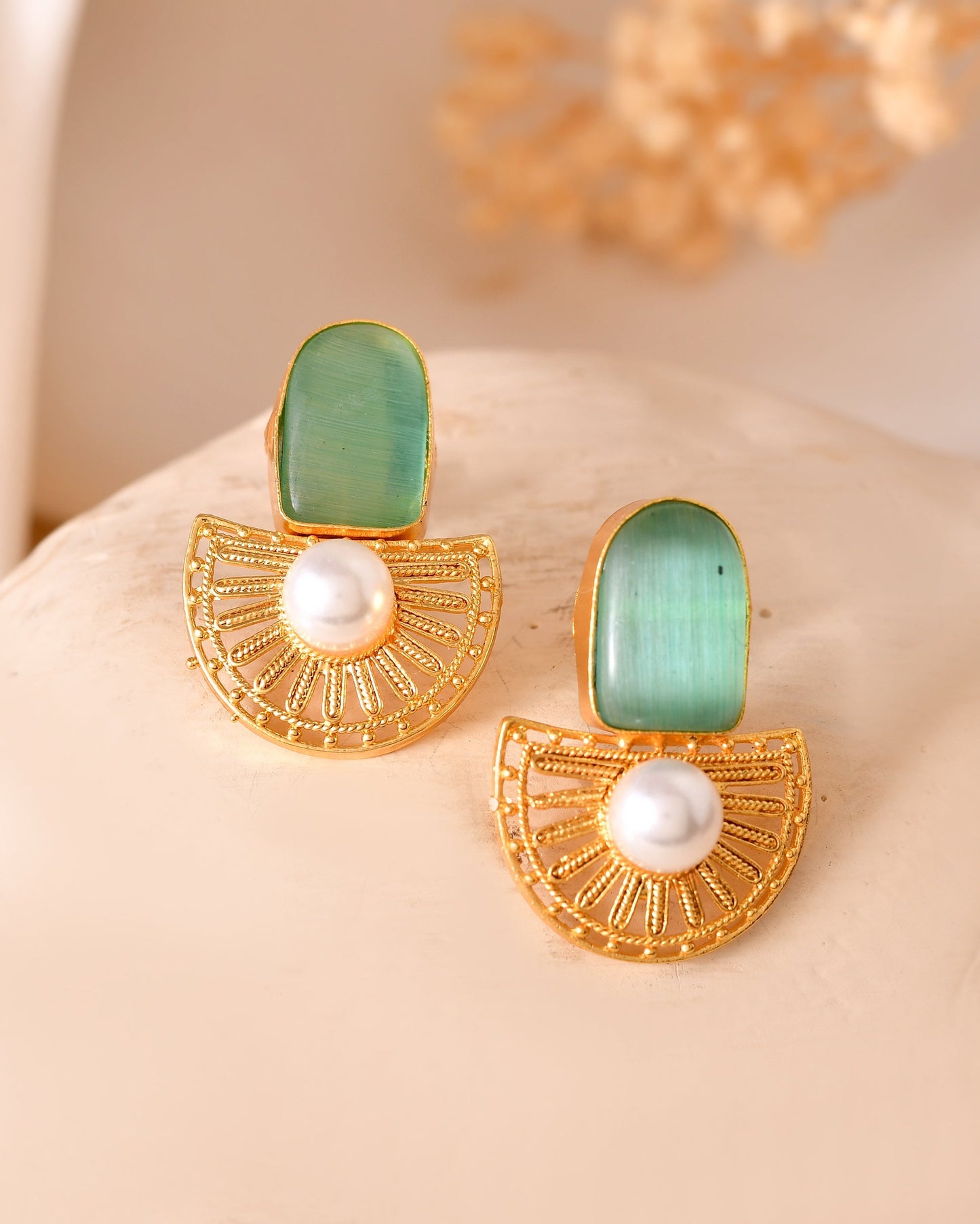 VOJ Gold Plated Teal Green Stone And Pearl Dome Shaped Studs Earrings