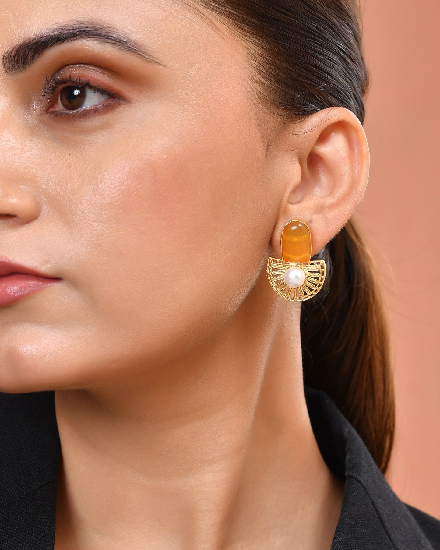 VOJ Gold Plated Yellow Stone And Pearl Dome Shaped Studs Earrings