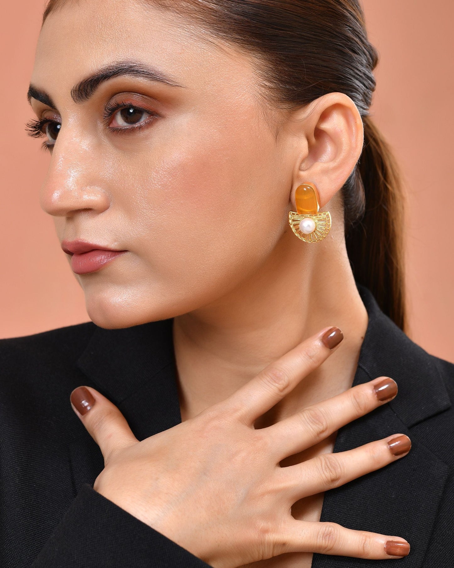 VOJ Gold Plated Yellow Stone And Pearl Dome Shaped Studs Earrings