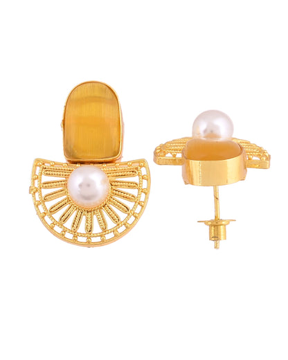 VOJ Gold Plated Yellow Stone And Pearl Dome Shaped Studs Earrings