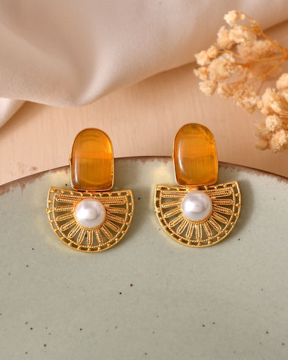VOJ Gold Plated Yellow Stone And Pearl Dome Shaped Studs Earrings