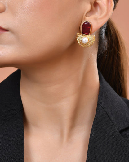 VOJ Gold Plated Red Stone And Pearl Dome Shaped Studs Earrings