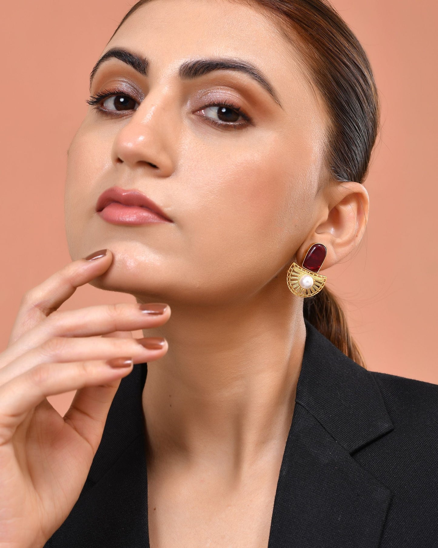 VOJ Gold Plated Red Stone And Pearl Dome Shaped Studs Earrings