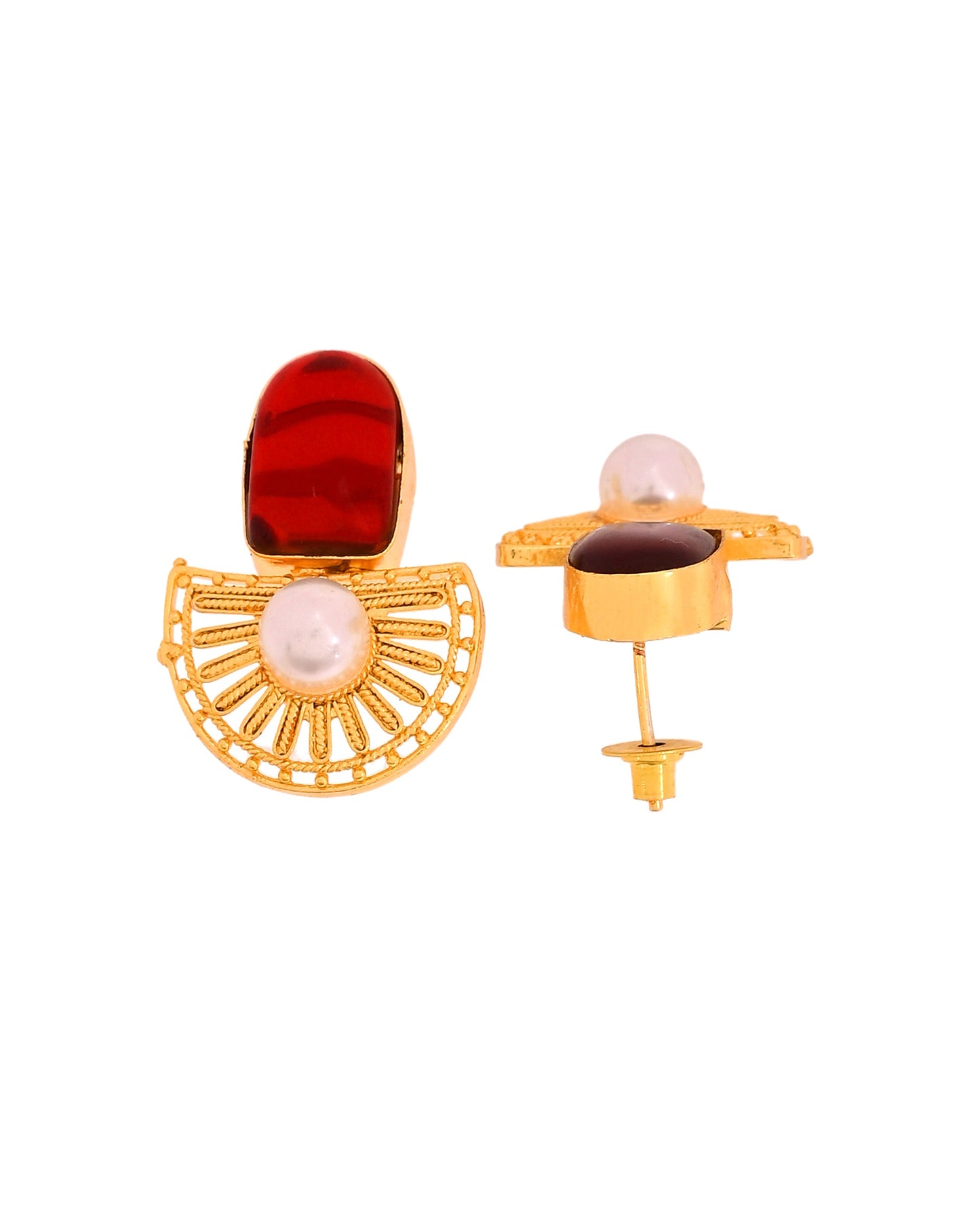 VOJ Gold Plated Red Stone And Pearl Dome Shaped Studs Earrings