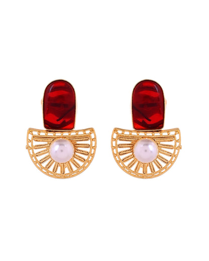 VOJ Gold Plated Red Stone And Pearl Dome Shaped Studs Earrings