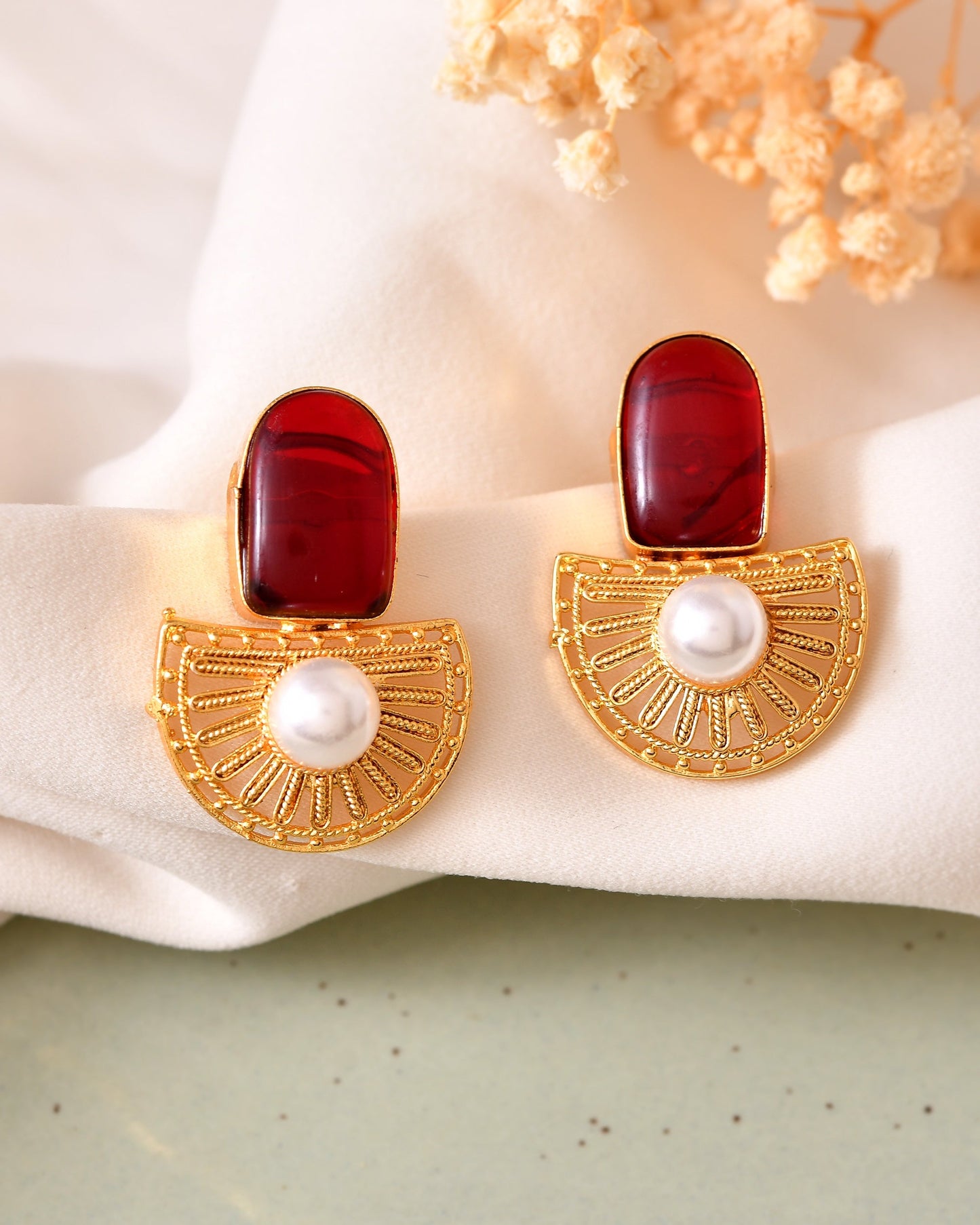 VOJ Gold Plated Red Stone And Pearl Dome Shaped Studs Earrings