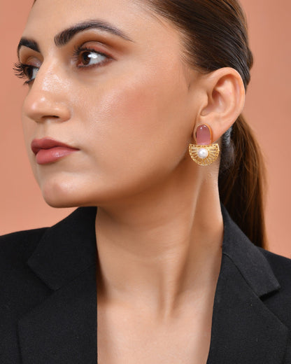 VOJ Gold Plated Pink Stone And Pearl Dome Shaped Studs Earrings
