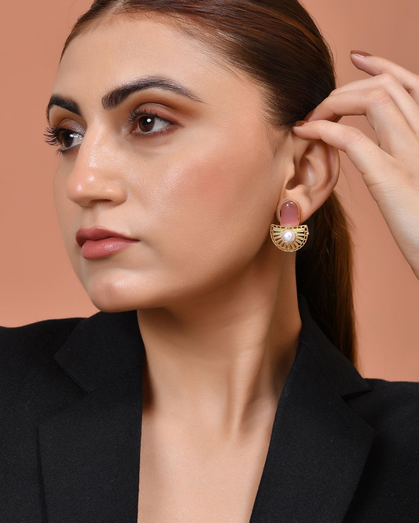 VOJ Gold Plated Pink Stone And Pearl Dome Shaped Studs Earrings