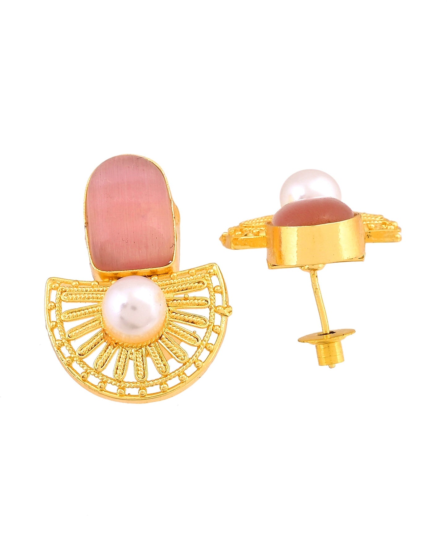 VOJ Gold Plated Pink Stone And Pearl Dome Shaped Studs Earrings