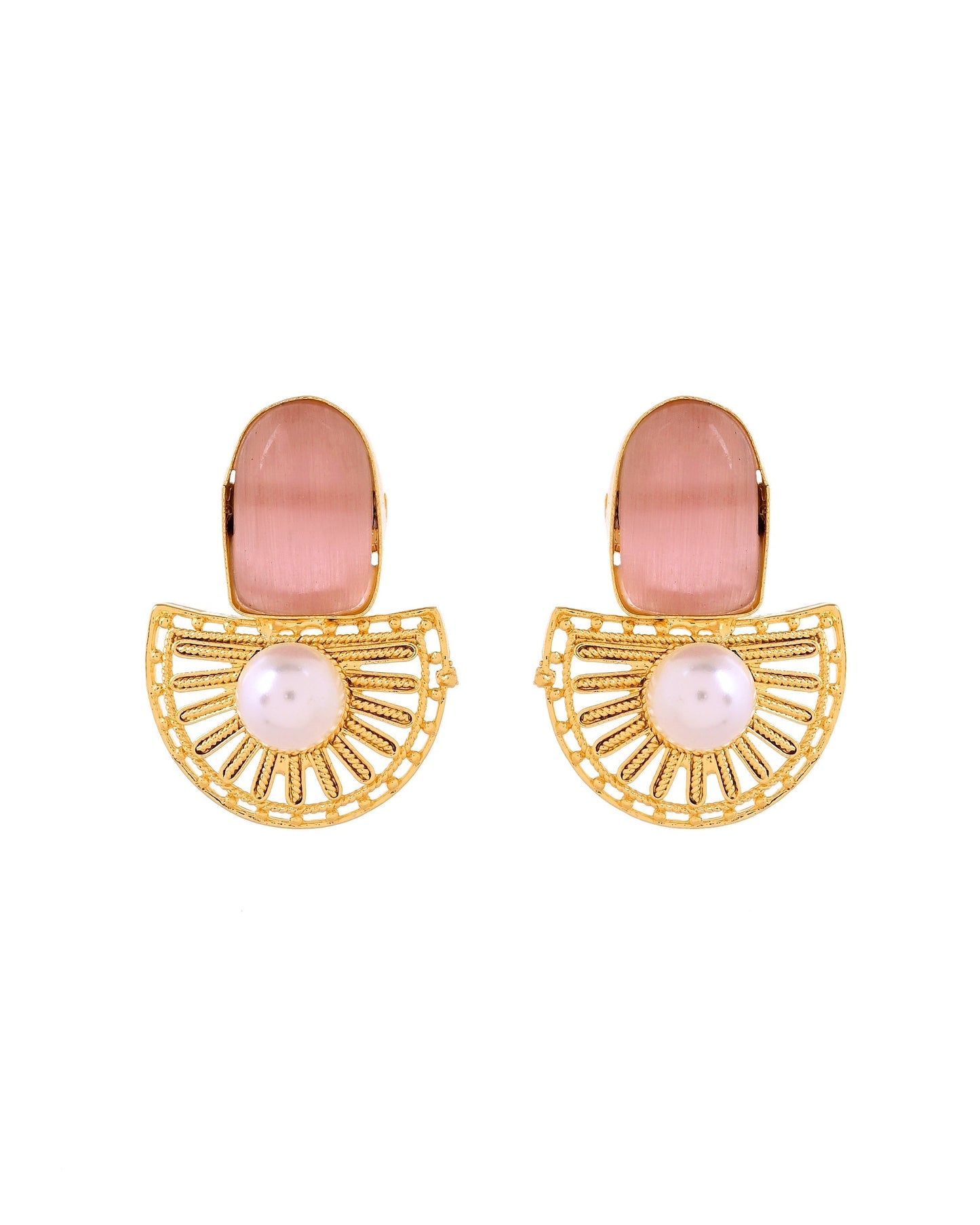 VOJ Gold Plated Pink Stone And Pearl Dome Shaped Studs Earrings