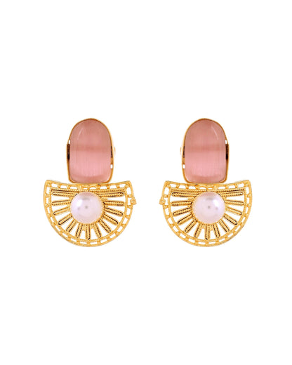 VOJ Gold Plated Pink Stone And Pearl Dome Shaped Studs Earrings