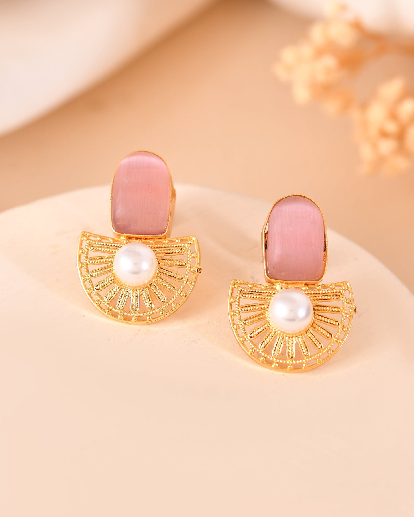 VOJ Gold Plated Pink Stone And Pearl Dome Shaped Studs Earrings