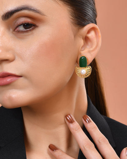 VOJ Gold Plated Green Stone And Pearl Dome Shaped Studs Earrings