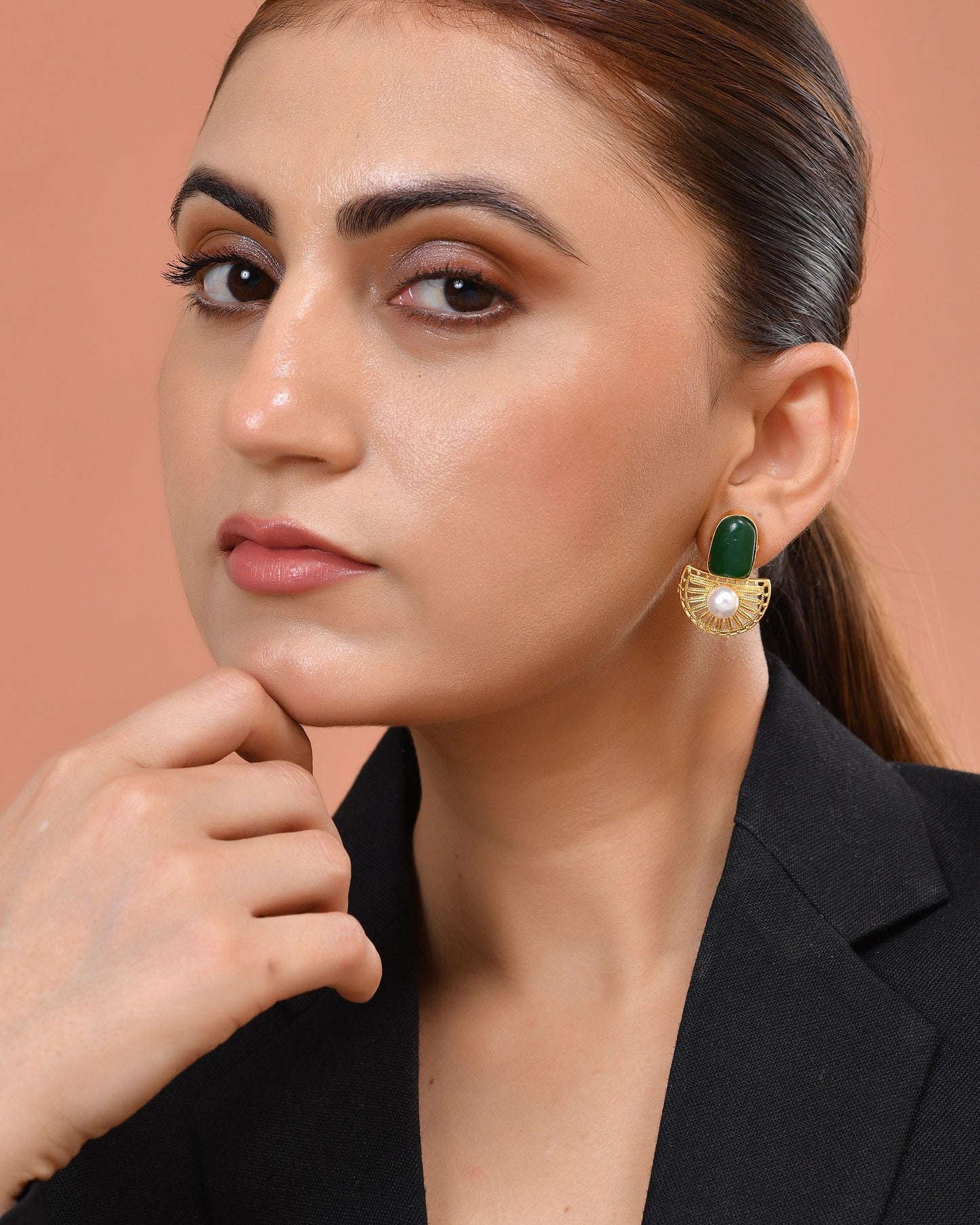 VOJ Gold Plated Green Stone And Pearl Dome Shaped Studs Earrings