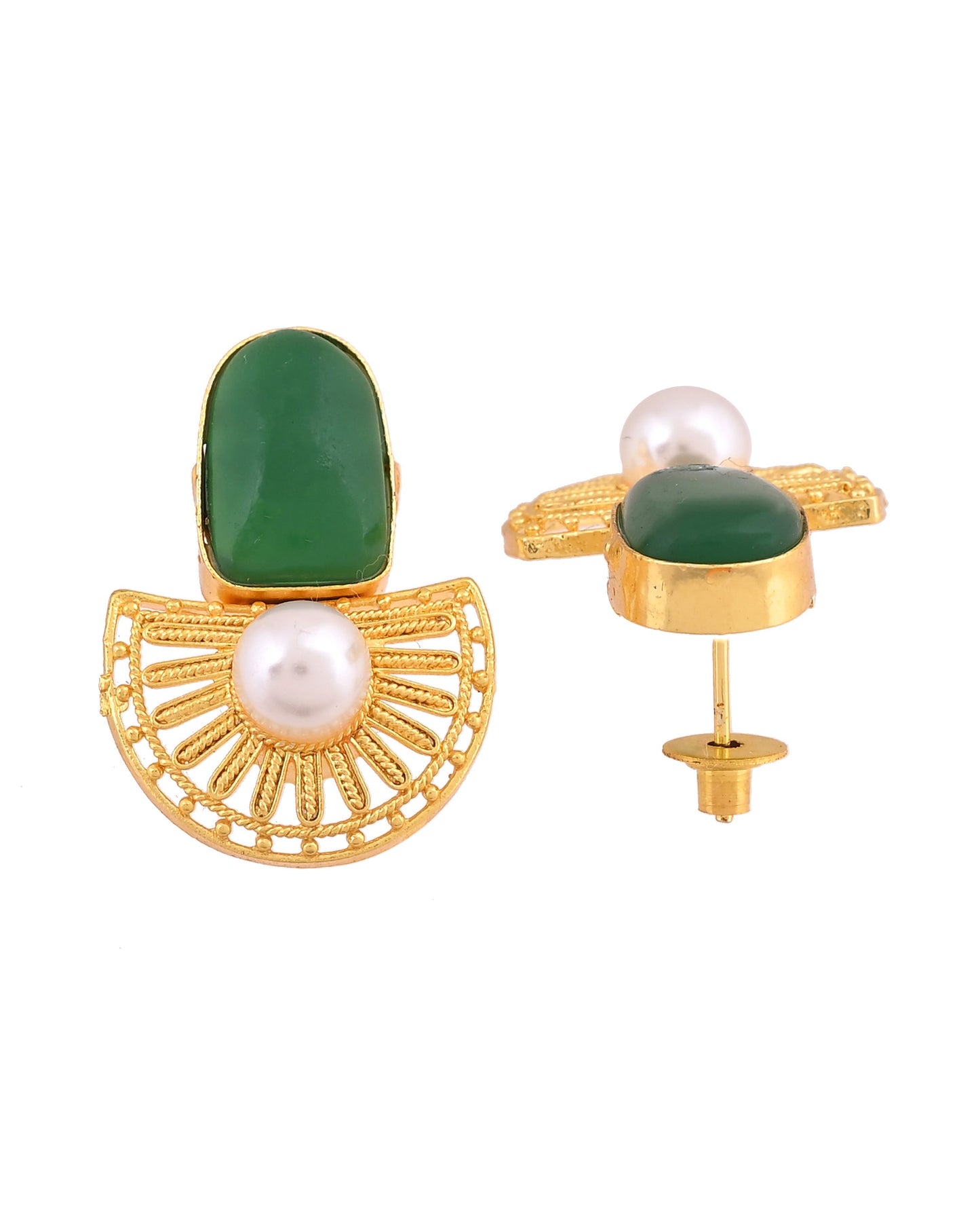 VOJ Gold Plated Green Stone And Pearl Dome Shaped Studs Earrings