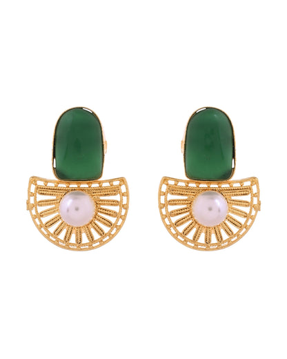 VOJ Gold Plated Green Stone And Pearl Dome Shaped Studs Earrings