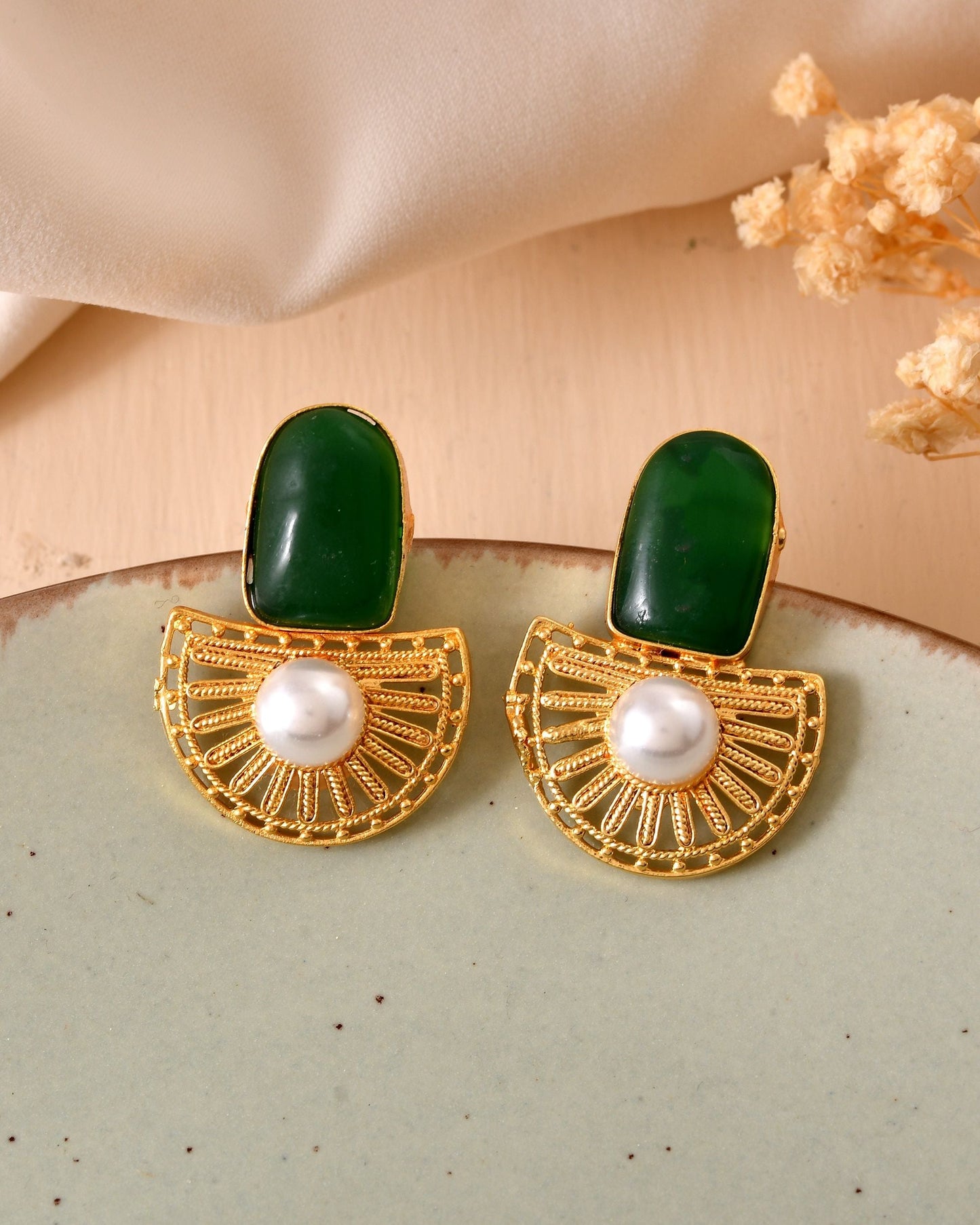 VOJ Gold Plated Green Stone And Pearl Dome Shaped Studs Earrings