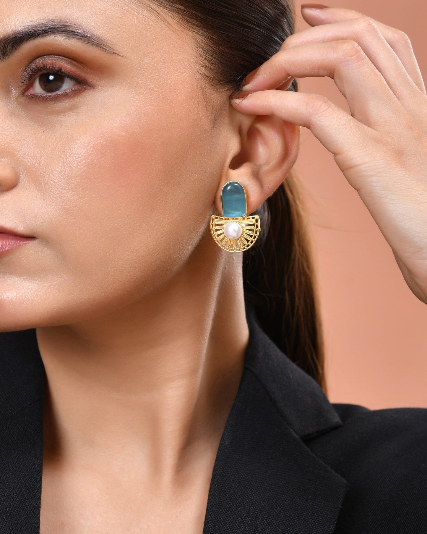 VOJ Gold Plated Sky Blue Stone And Pearl Dome Shaped Studs Earrings