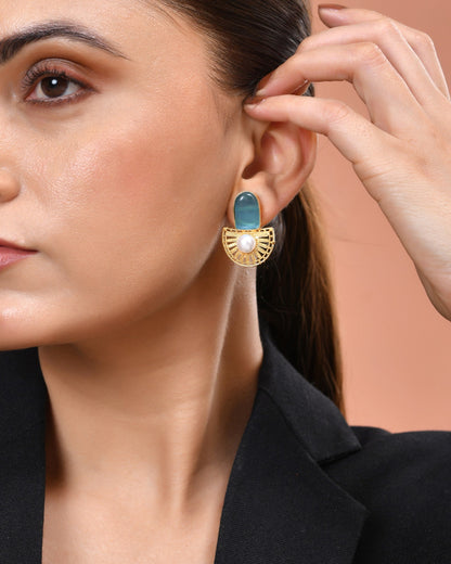 VOJ Gold Plated Sky Blue Stone And Pearl Dome Shaped Studs Earrings