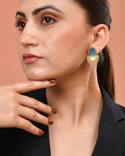 VOJ Gold Plated Sky Blue Stone And Pearl Dome Shaped Studs Earrings