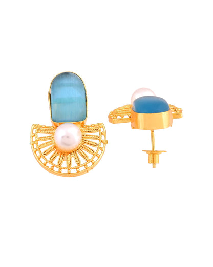 VOJ Gold Plated Sky Blue Stone And Pearl Dome Shaped Studs Earrings