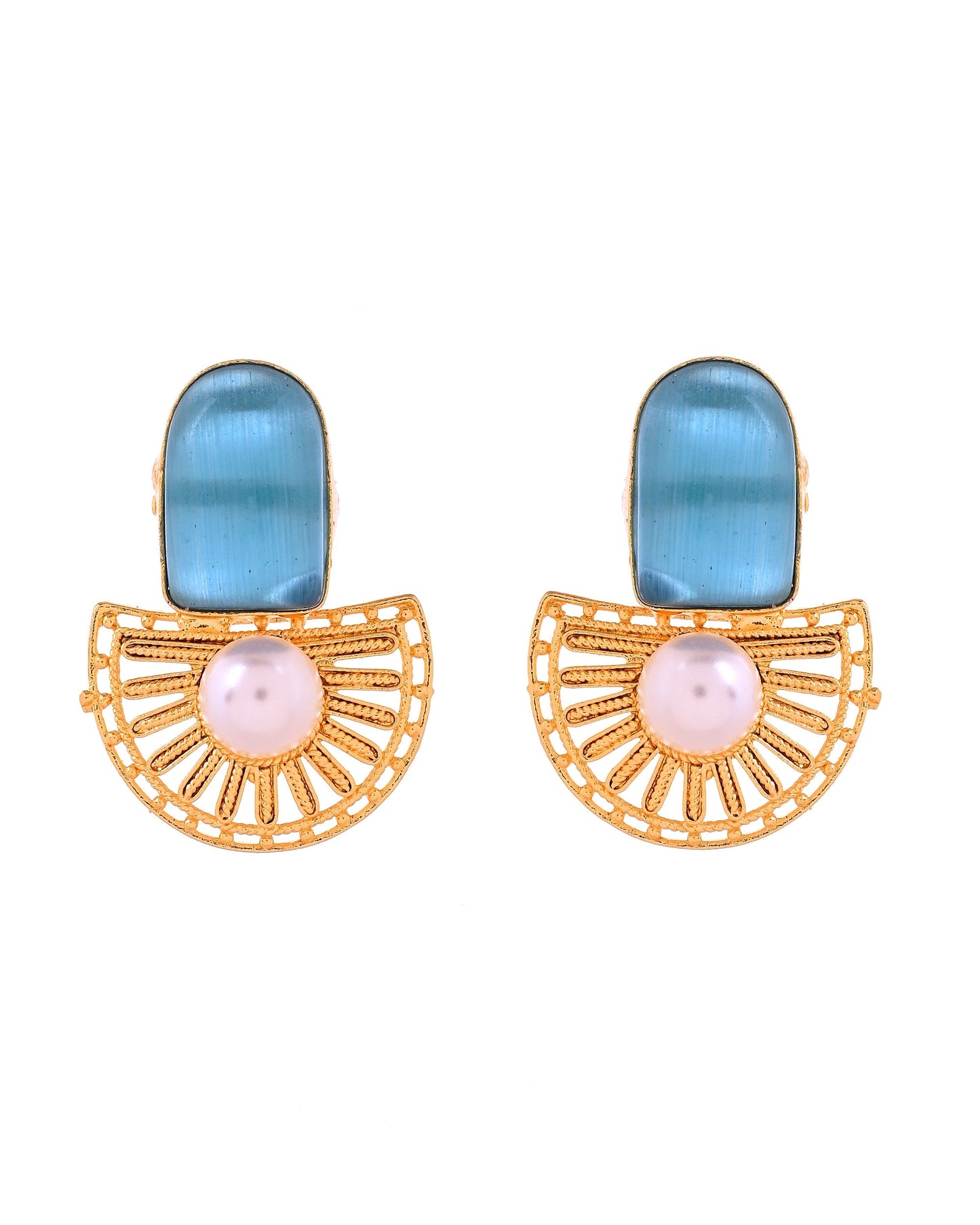 VOJ Gold Plated Sky Blue Stone And Pearl Dome Shaped Studs Earrings