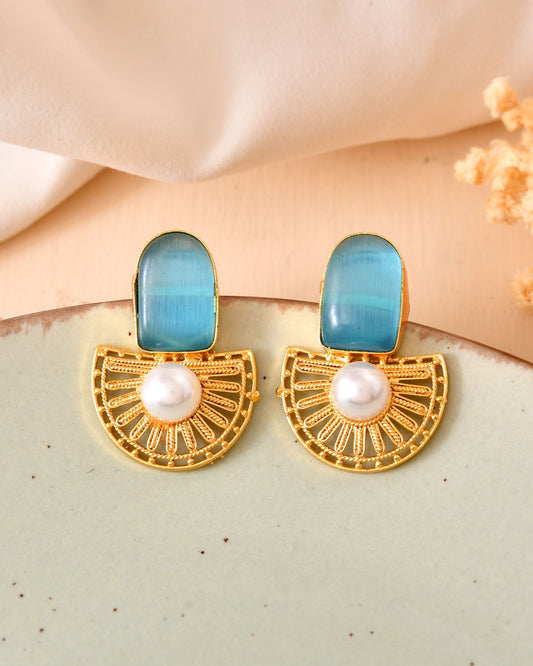 VOJ Gold Plated Sky Blue Stone And Pearl Dome Shaped Studs Earrings