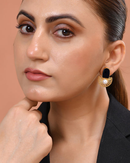 VOJ Gold Plated Black Stone And Pearl Dome Shaped Studs Earrings