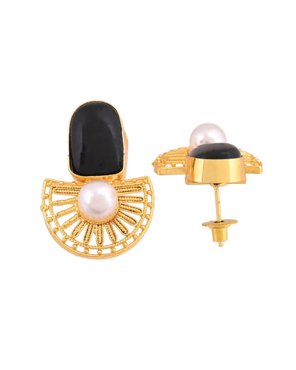 VOJ Gold Plated Black Stone And Pearl Dome Shaped Studs Earrings