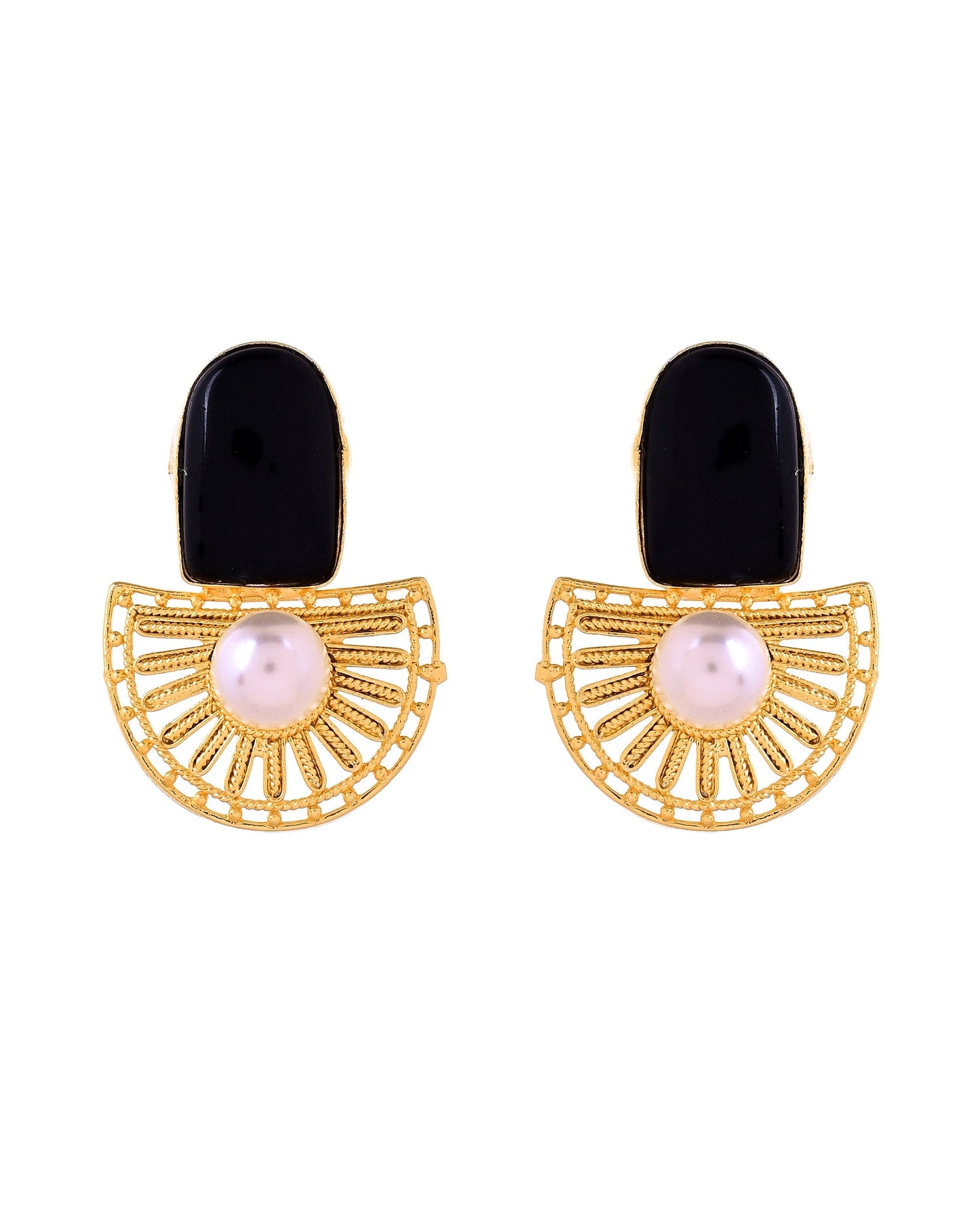 VOJ Gold Plated Black Stone And Pearl Dome Shaped Studs Earrings