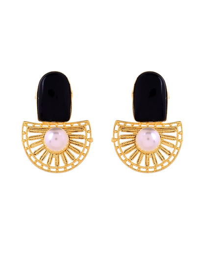 VOJ Gold Plated Black Stone And Pearl Dome Shaped Studs Earrings