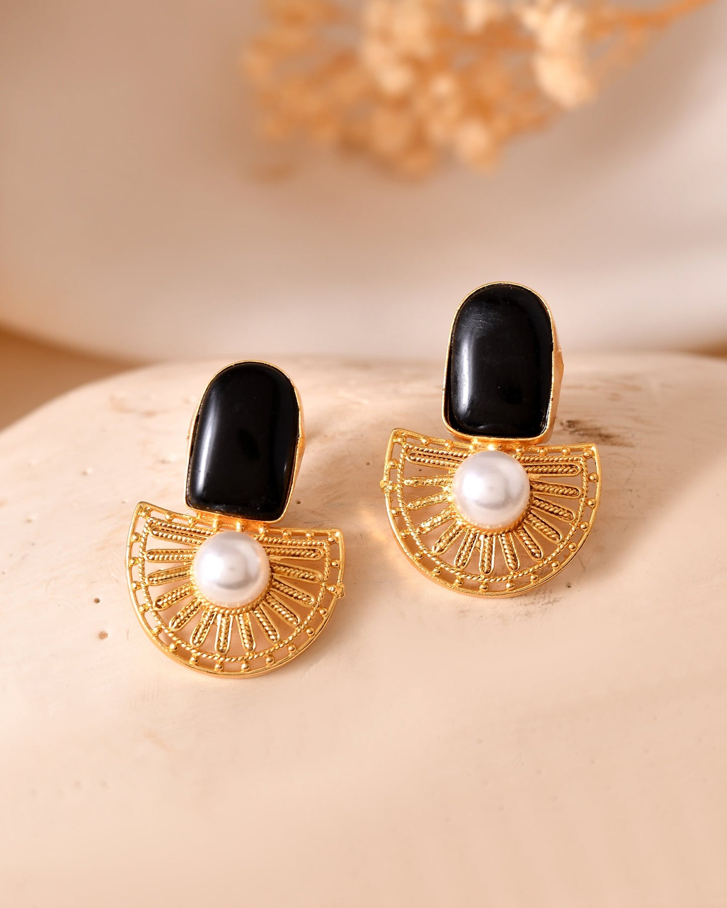 VOJ Gold Plated Black Stone And Pearl Dome Shaped Studs Earrings