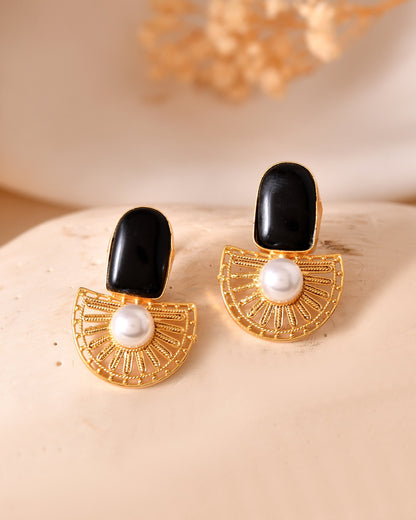 VOJ Gold Plated Black Stone And Pearl Dome Shaped Studs Earrings