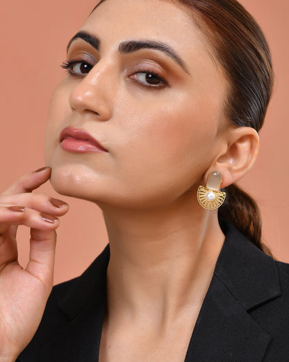 VOJ Gold Plated Off White Stone And Pearl Dome Shaped Studs Earrings