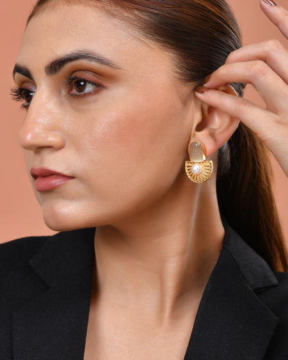 VOJ Gold Plated Off White Stone And Pearl Dome Shaped Studs Earrings
