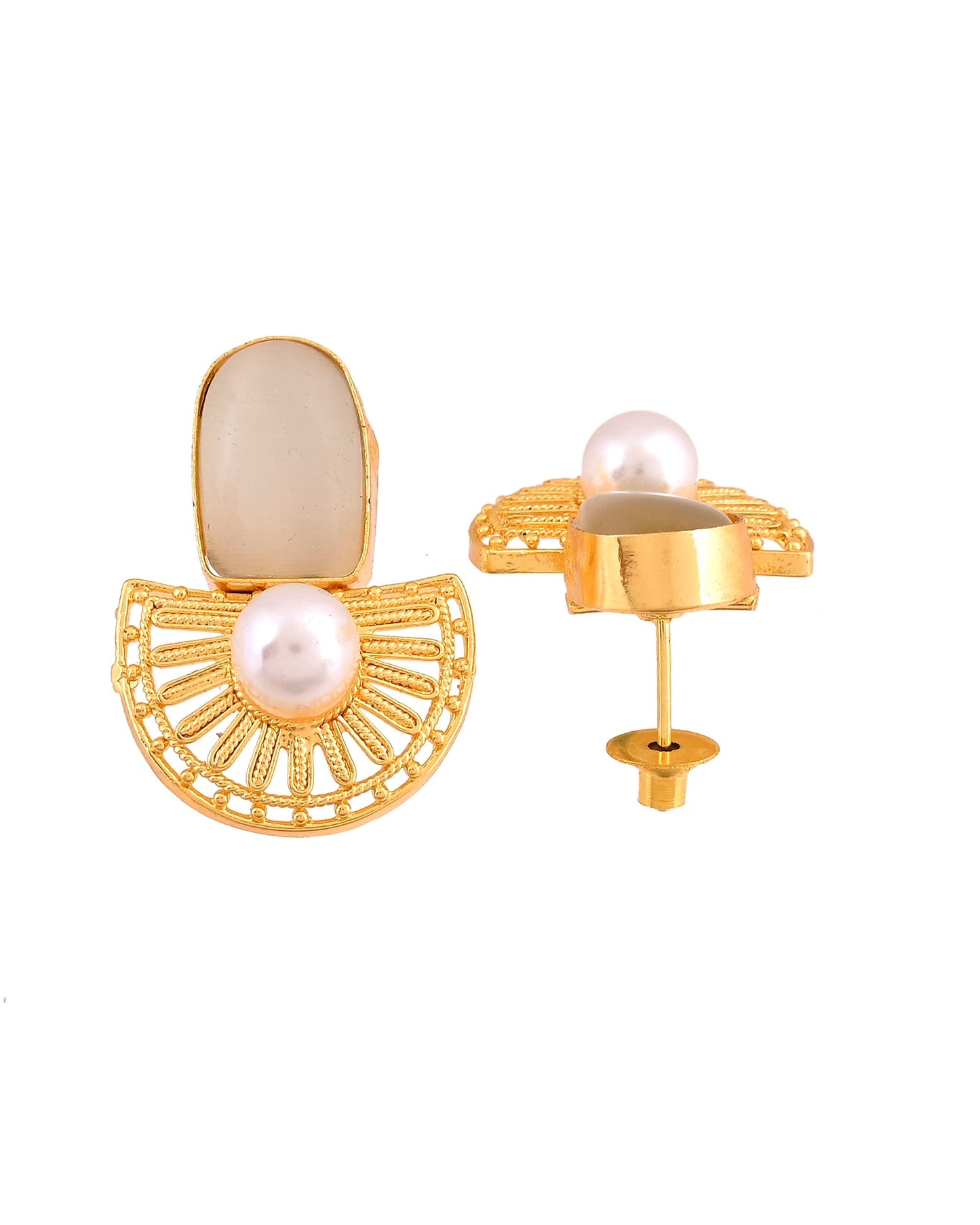VOJ Gold Plated Off White Stone And Pearl Dome Shaped Studs Earrings