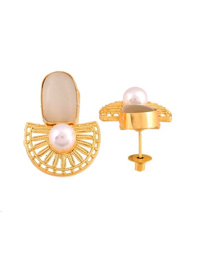 VOJ Gold Plated Off White Stone And Pearl Dome Shaped Studs Earrings