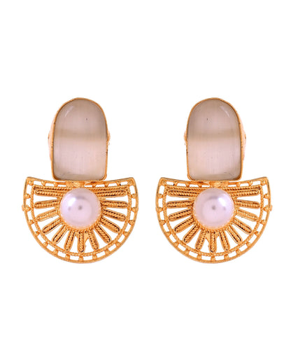 VOJ Gold Plated Off White Stone And Pearl Dome Shaped Studs Earrings