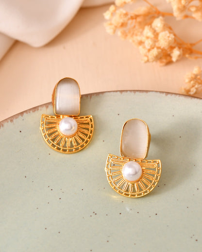 VOJ Gold Plated Off White Stone And Pearl Dome Shaped Studs Earrings