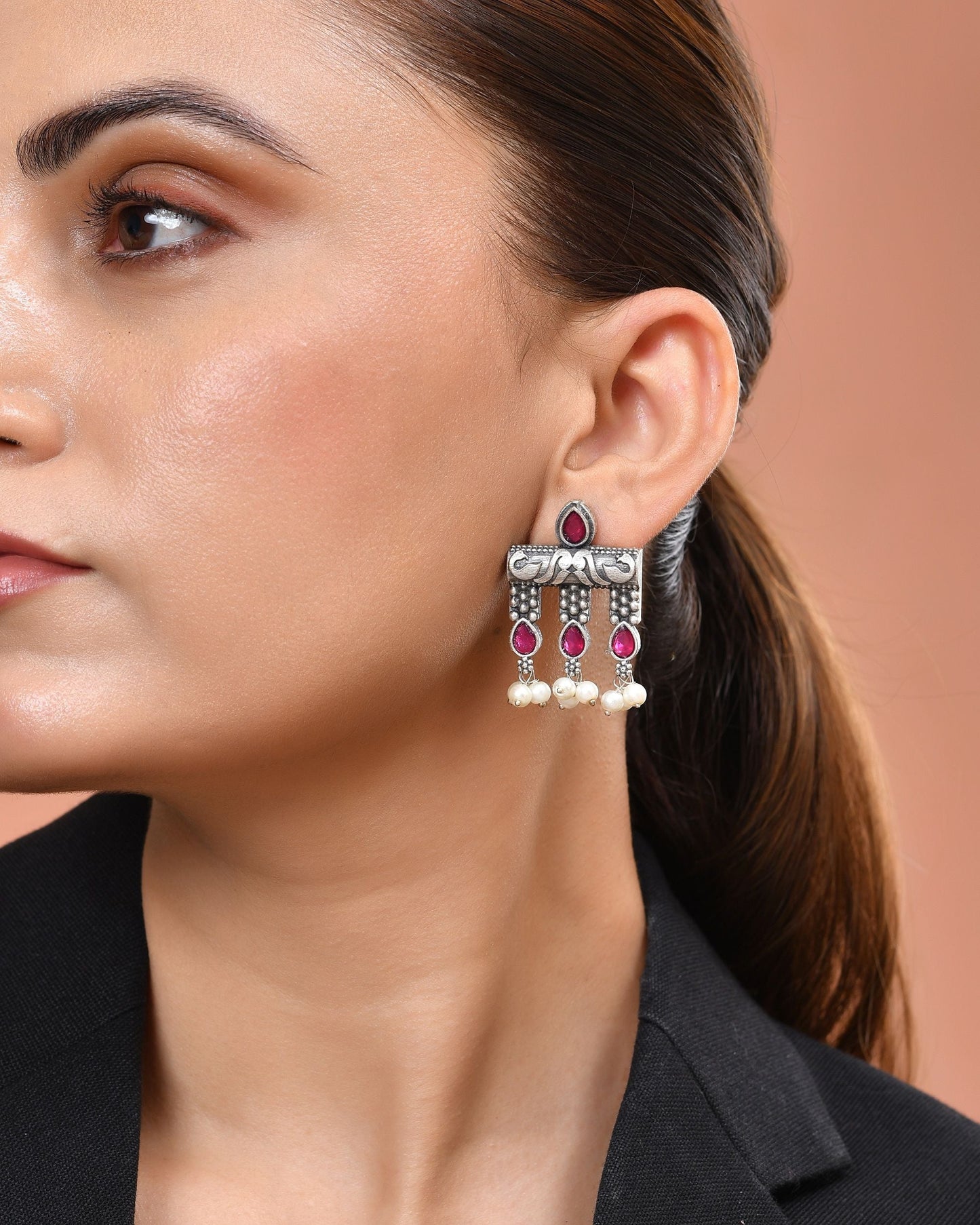 VOJ Silver Plated Designer Oxidized Studs Earrings