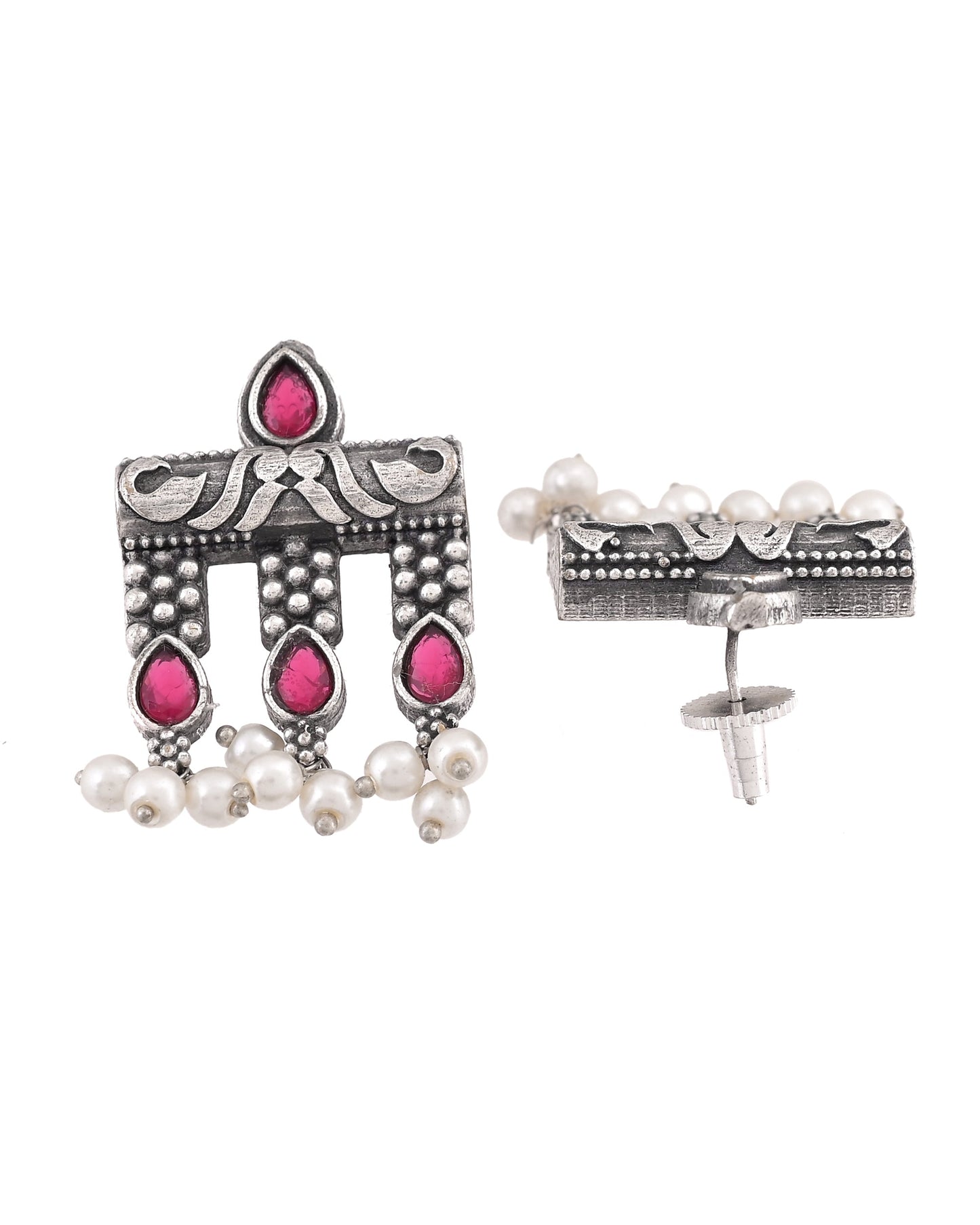 VOJ Silver Plated Designer Oxidized Studs Earrings